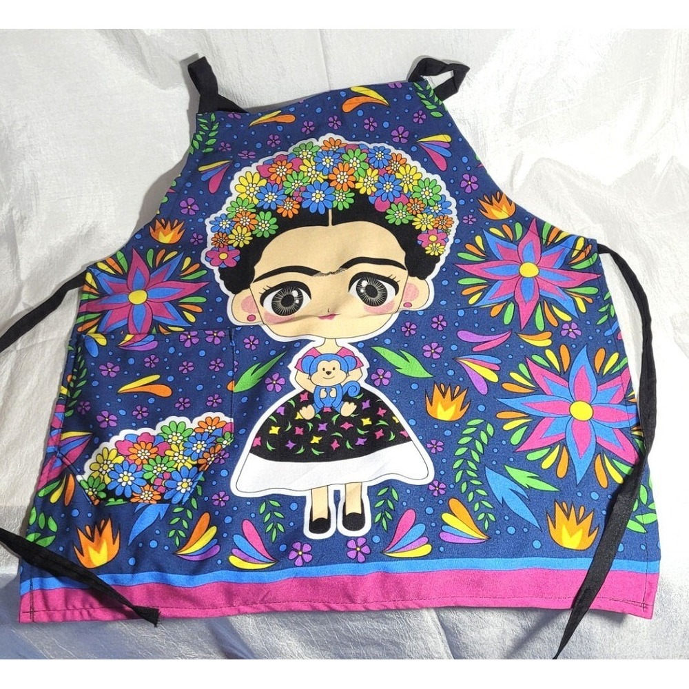 Mandil Mexican Frida Cartoon Character Otomi Cotton Apron w/ Pocket Pattern #1